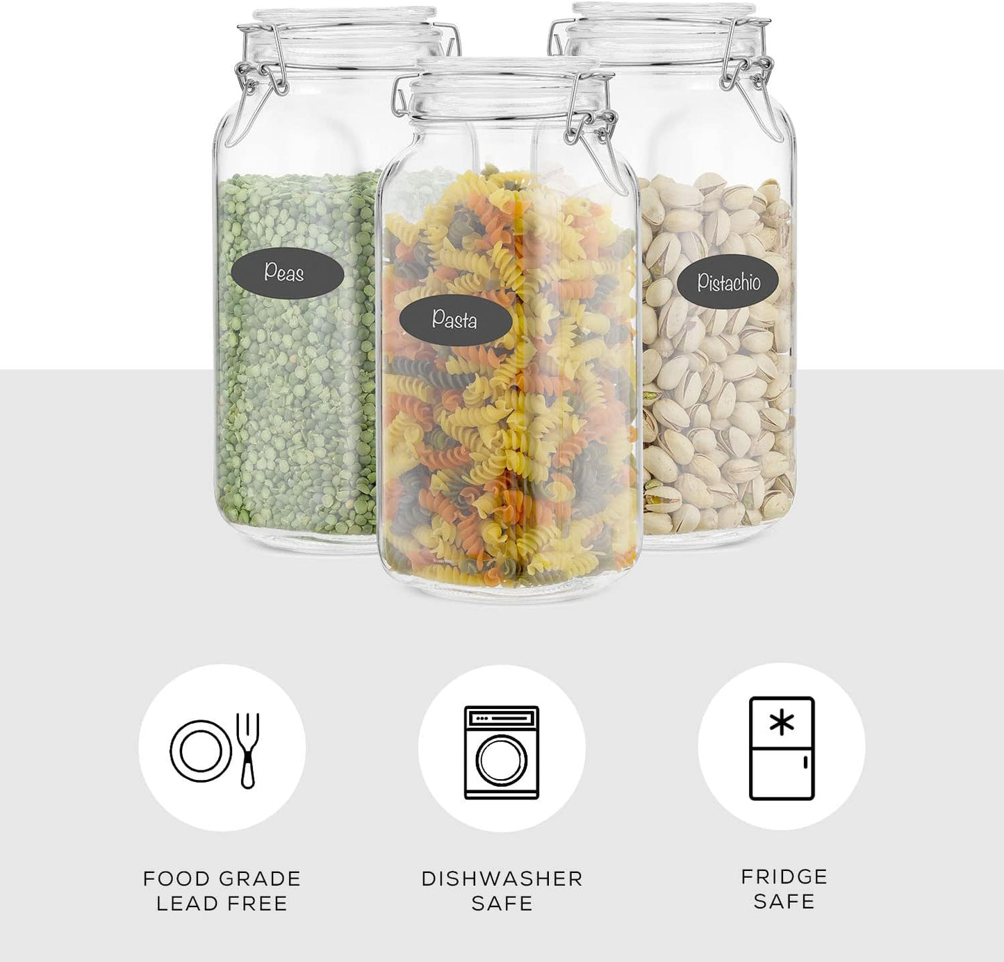 Airtight Glass Jars with Lids Set of 3. 78oz Glass Jar with Lid and 6 Silicone Seals! Large Glass Food Storage Containers. Square Mason Jar, Candy Jar, Flour Jar, Pasta Containers for Pantry