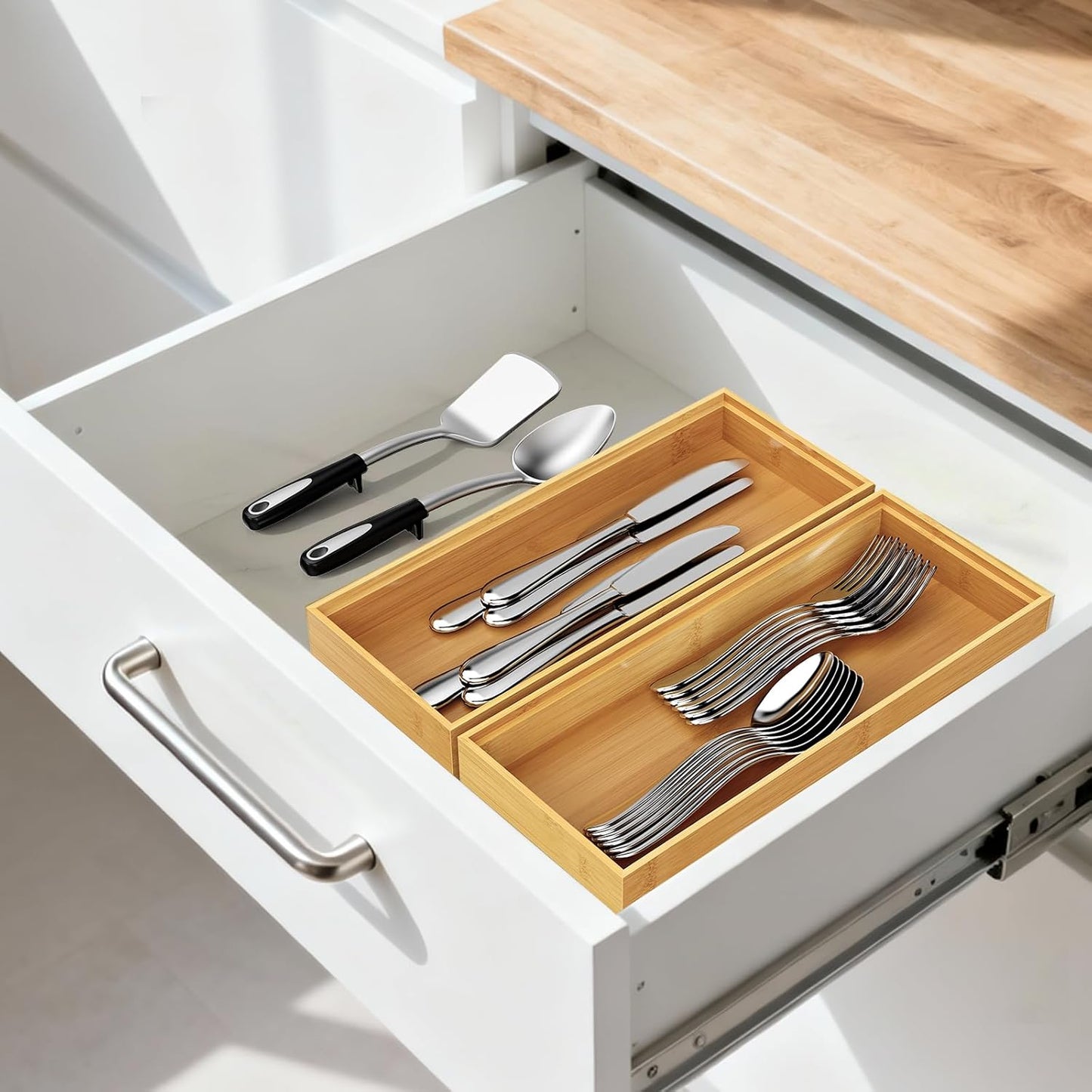Bamboo Drawer Organizer, Stackable Utensil Trays for Kitchen, Wood Silverware Organizer for Drawer