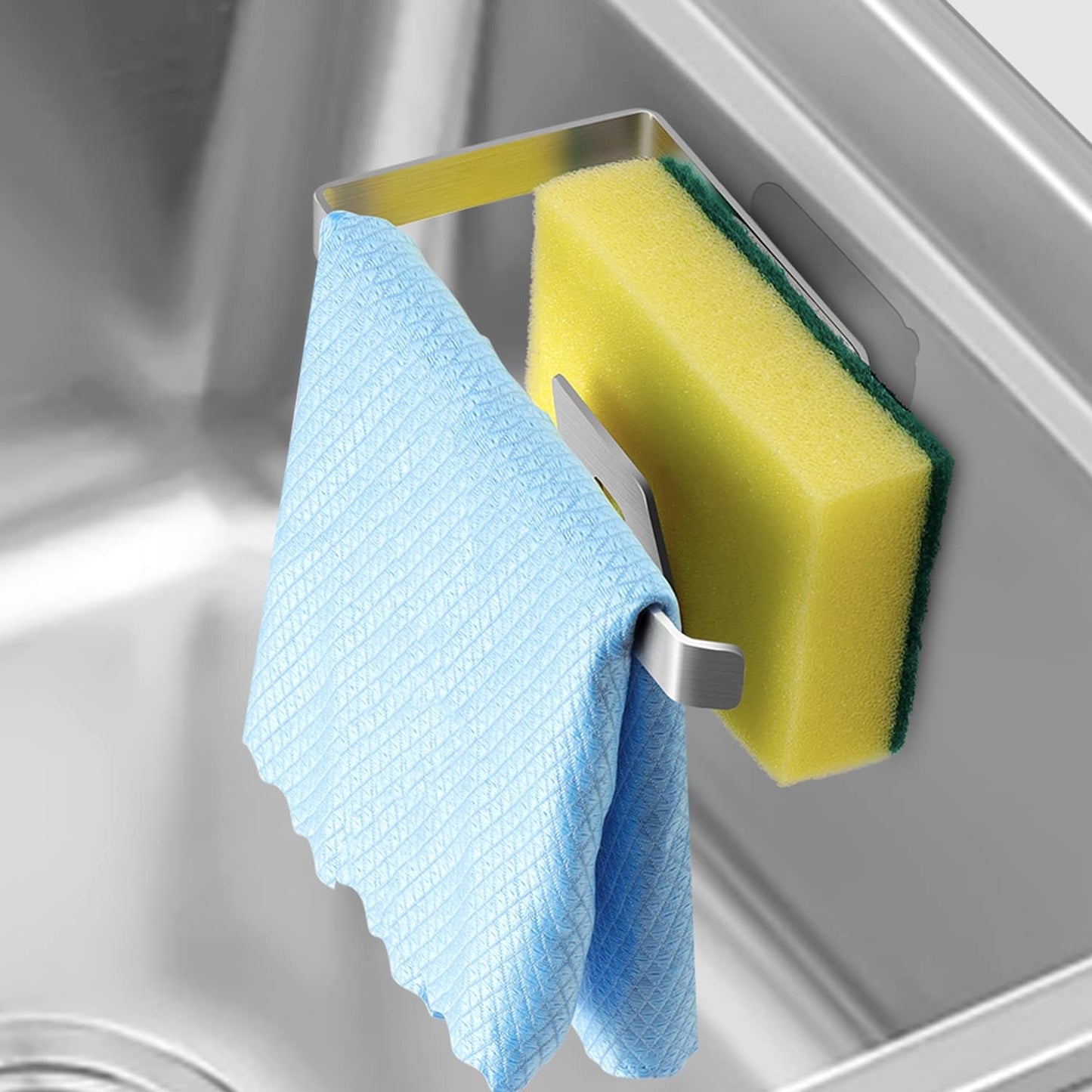 Kitchen Sink Sponge Holder - Sponge and Dish Cloth Hanger, Adhesive Rustproof Kitchen Sink Rack