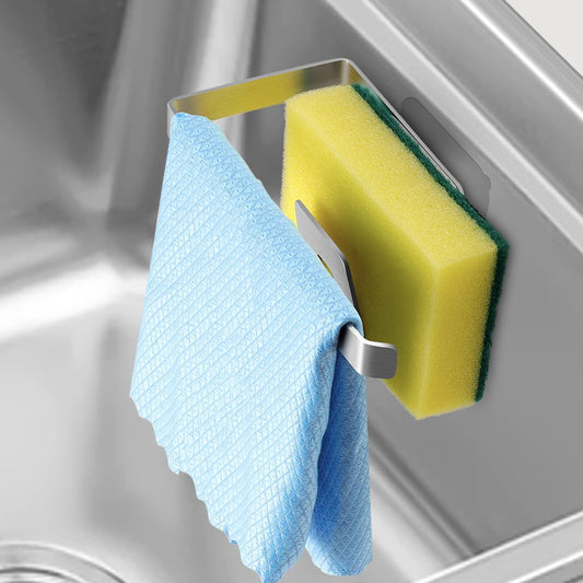 Kitchen Sink Sponge Holder - Sponge and Dish Cloth Hanger, Adhesive Rustproof Kitchen Sink Rack