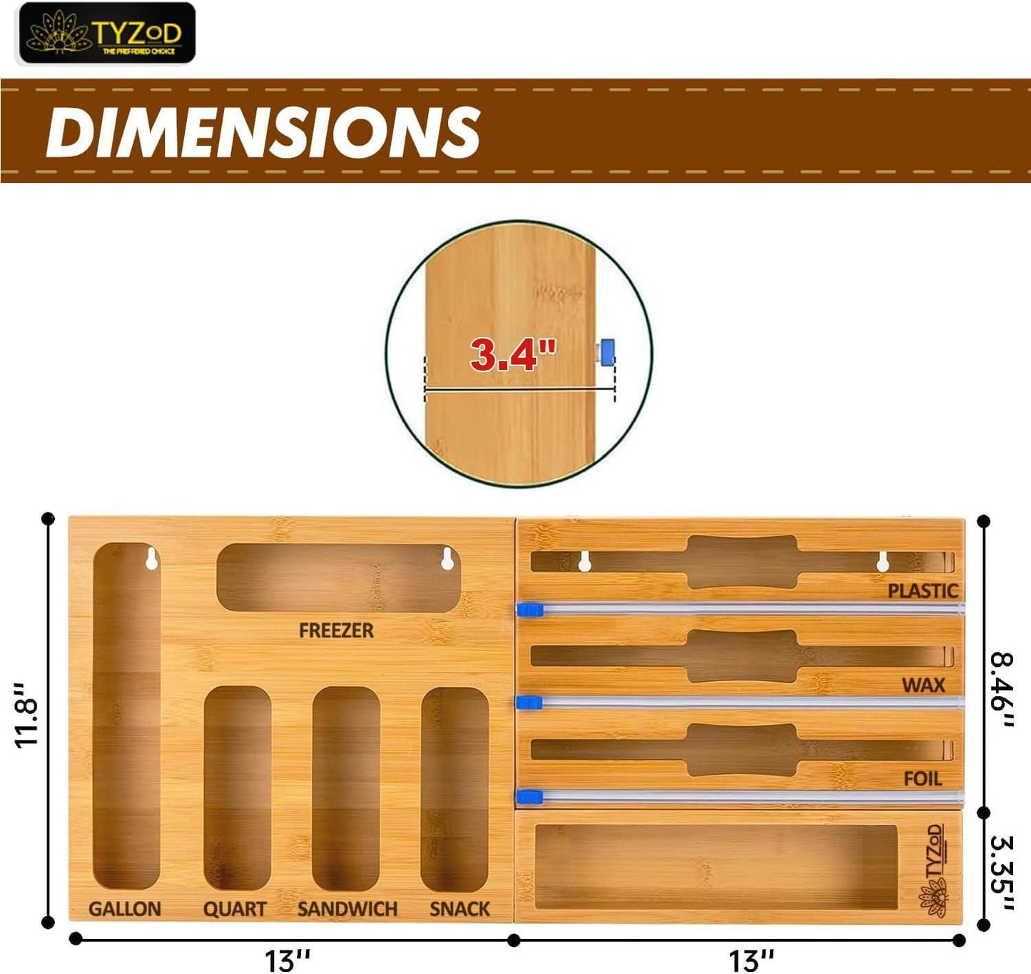 9-in-1 Bamboo Storage Bag Organizer with Cutter, Kitchen Drawer & Wall Mount Storage for Foil