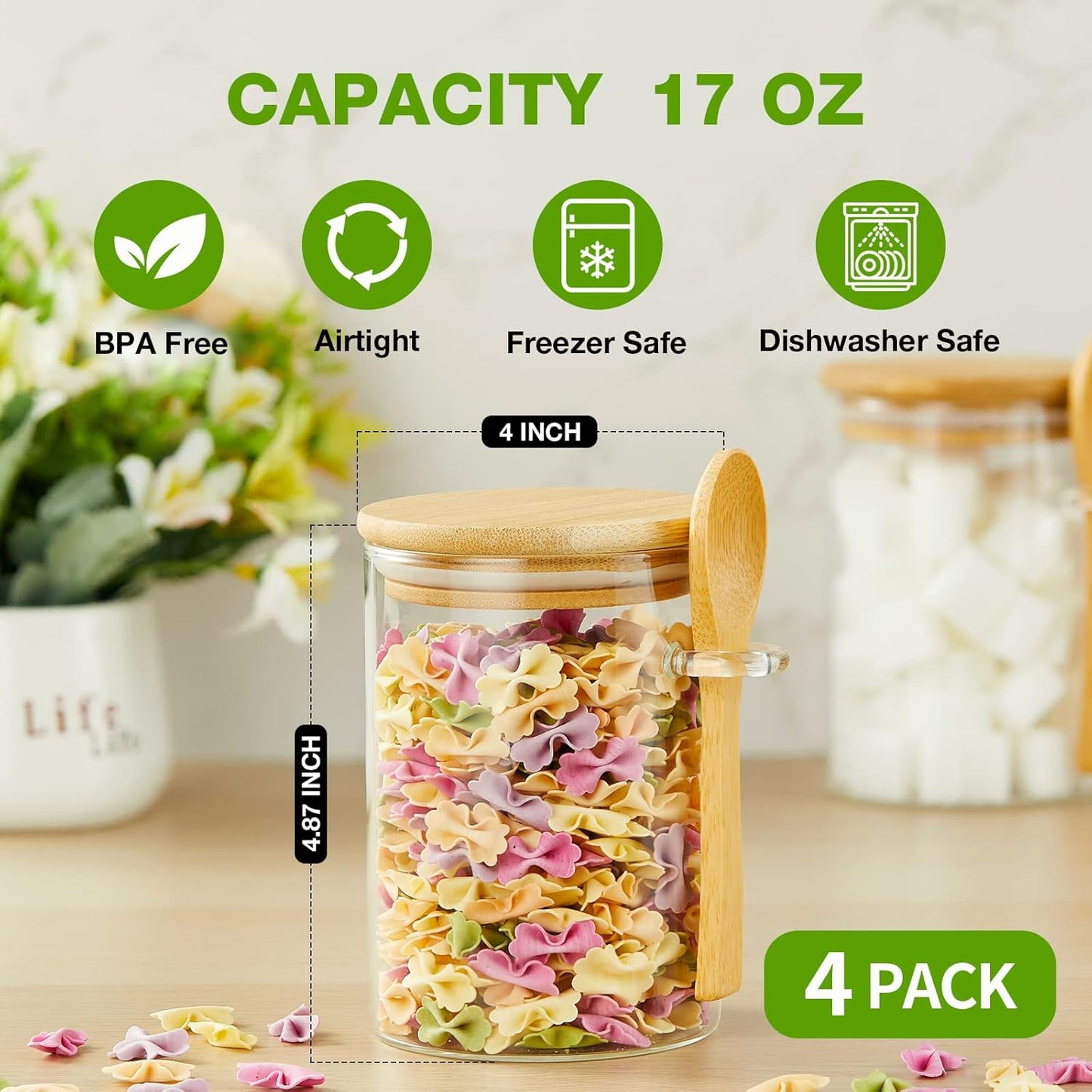 Set of 4 Airtight Glass Jars with Bamboo Lids & Spoons