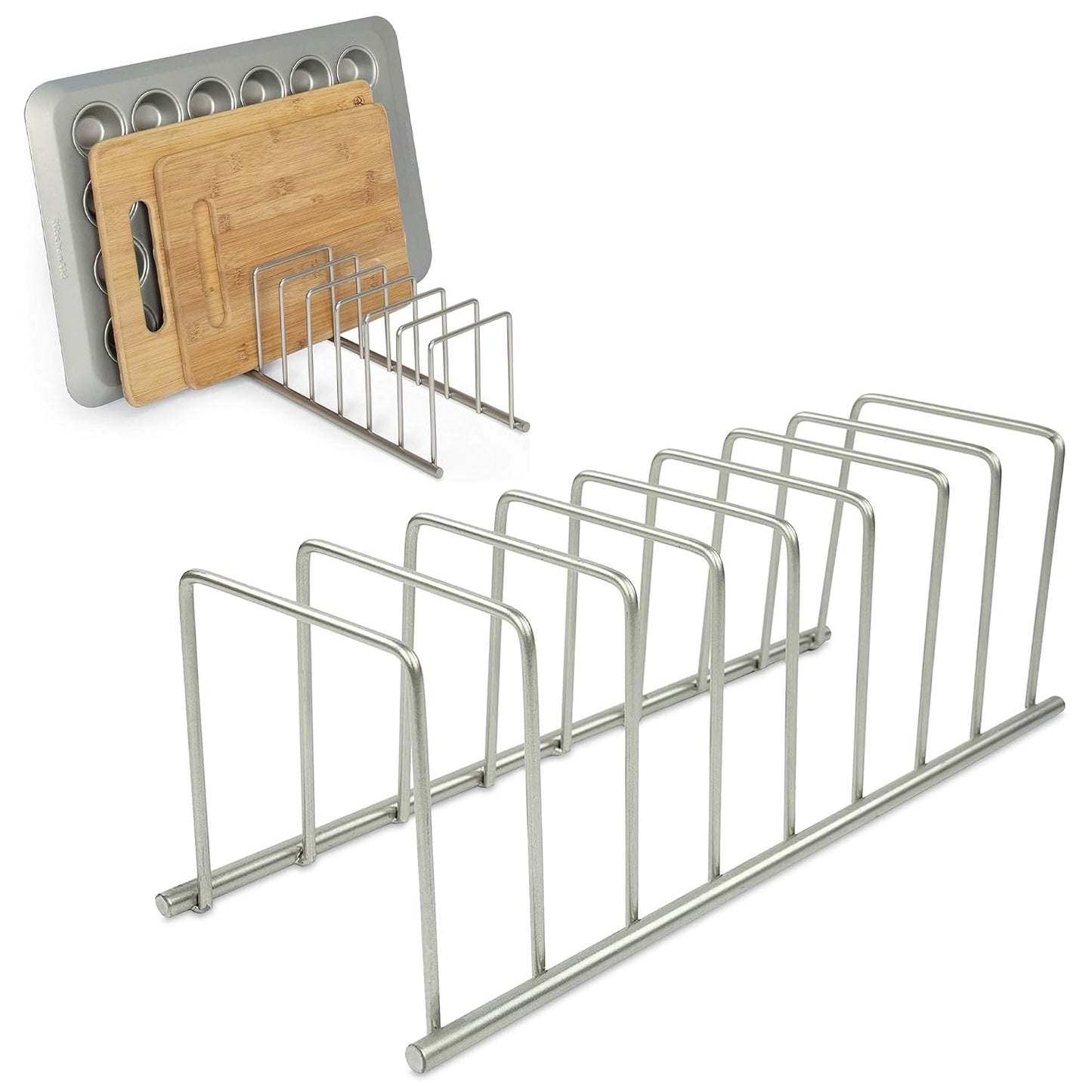 Euro Kitchen Organizer Metal Dish Rack Cutting Board Holder Stand for Countertop or Inside Cabinet Organization, 8 Slot Cutting Board Plate Drying Rack for Bakeware Storage, Satin Nickel