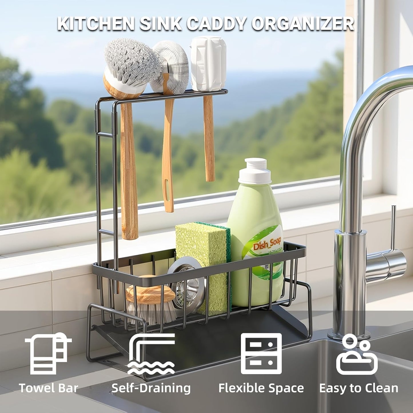 Sponge Holder for Kitchen Sink, Kitchen Sink Organizer with Towel Rack