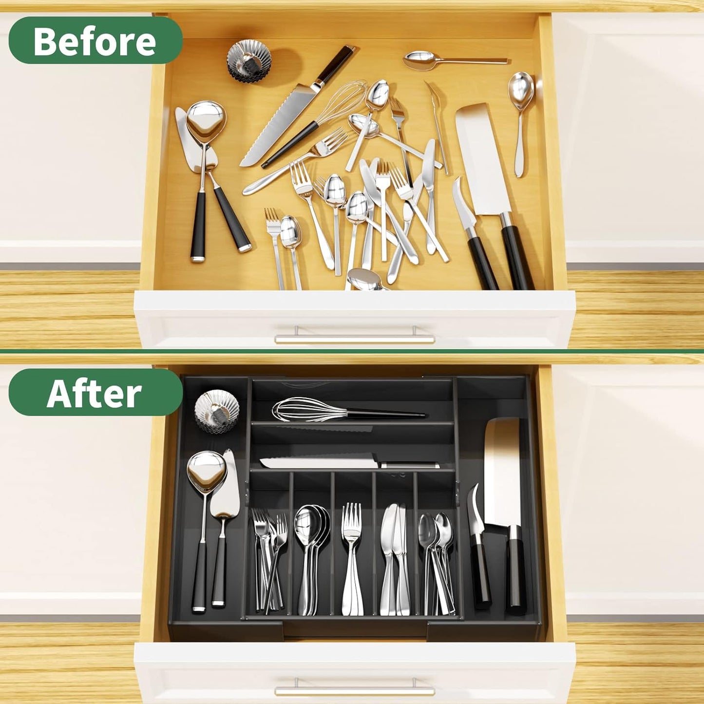 Expandable Kitchen Drawer Organizer for Flatware and Utensils,Black Acrylic Adjustable Silverware Tray for Drawer,Office,Bathroom Supplies-9 Compartments