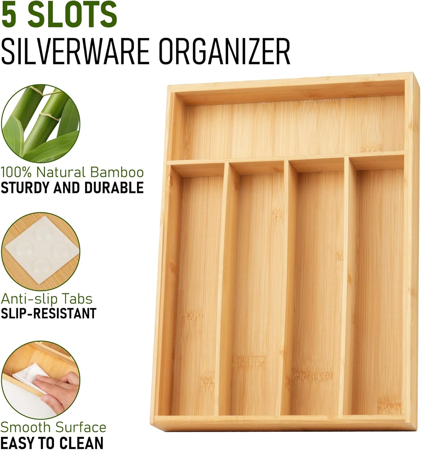 Bamboo Kitchen Drawer Organizer, 9.5 Inch Silverware Tray for Small Drawer