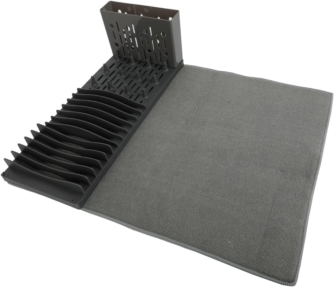 19" x 15.5" Premium Microfiber Kitchen Counter Mat with Collapsible Rack Absorbent Dish Drying Mat for Sink Dishes Utensils Pots and Pans