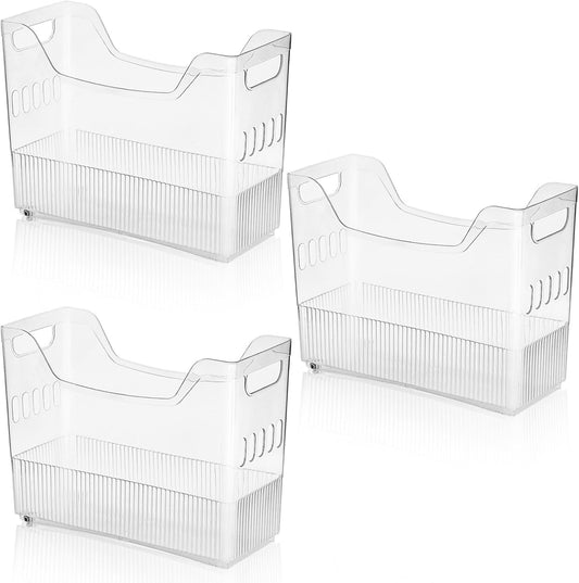3 Pack Freezer Organizer Bins with Wheels, Clear Plastic Pantry Storage Organizer with Handle