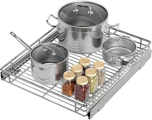 Pull Out Cabinet Organizer, Versatile Slide Out Kitchen Organizers and Storage,Heavy Duty Drawer Cupboard Storage Basket, Smooth Sliding, Chrome Finish,17.8" W x 21" D