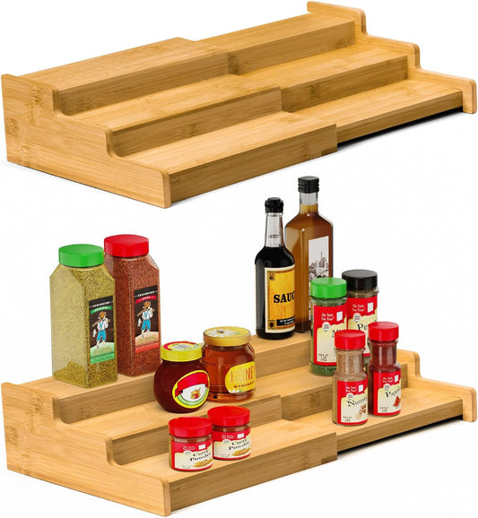 Spice Rack, 3-Tier Expandable Bamboo Spice Rack Organizer for Cabinet, Kitchen