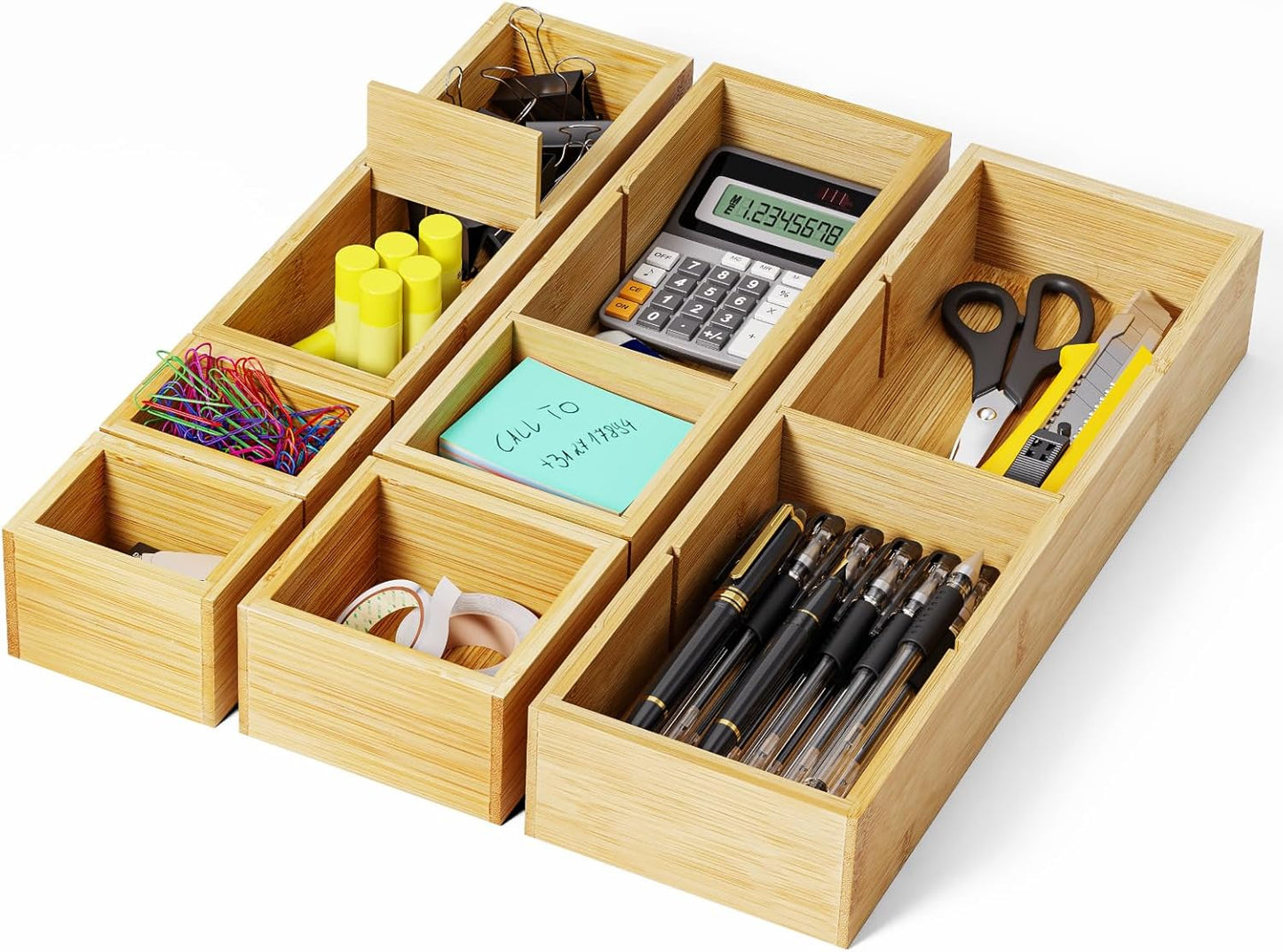 6PCS Desk Drawer Organizer Tray with 12 Compartments – Bamboo Office Storage Boxes Set for Junk Drawer Supplies, Utensils, Cosmetics, Jewelry and More
