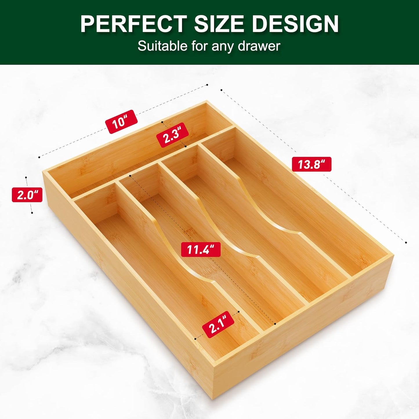 Utensil Organizer 10 Inch Silverware Tray for Drawer Utensil Holder Cutlery Organizer Kitchen Drawer Organizer 5 Compartment Small Narrow Bamboo