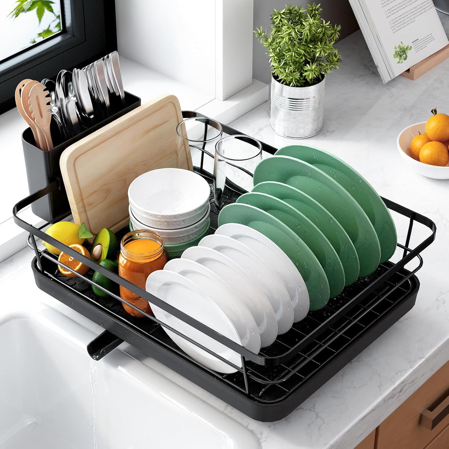 Dish Drying Rack for Kitchen Counter, Stainless Steel Sink Organization and Storage Essentials with Cutlery Holder, Home and Appartment Decor, 12''W x 15.5''L, Black