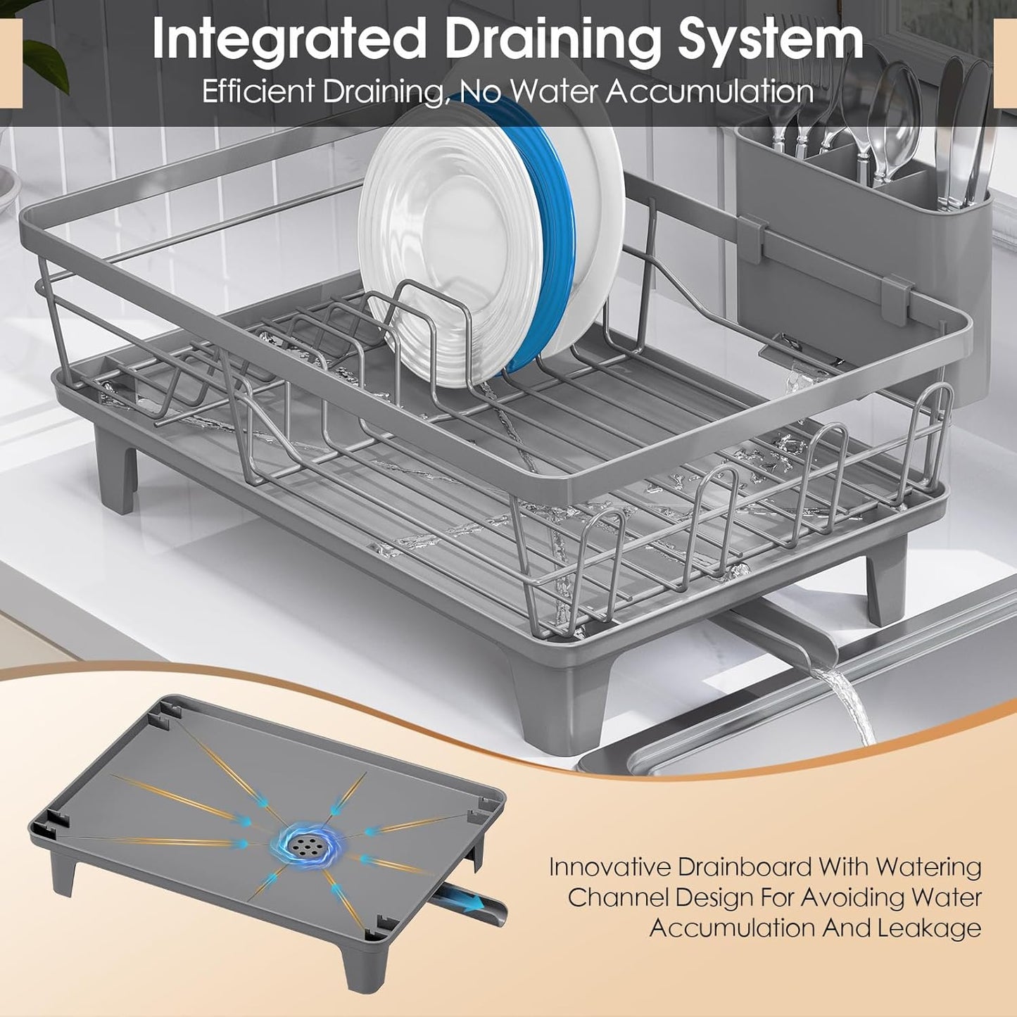 Dish Drying Rack for Kitchen Counter, Sink Dish Rack with Drainboard