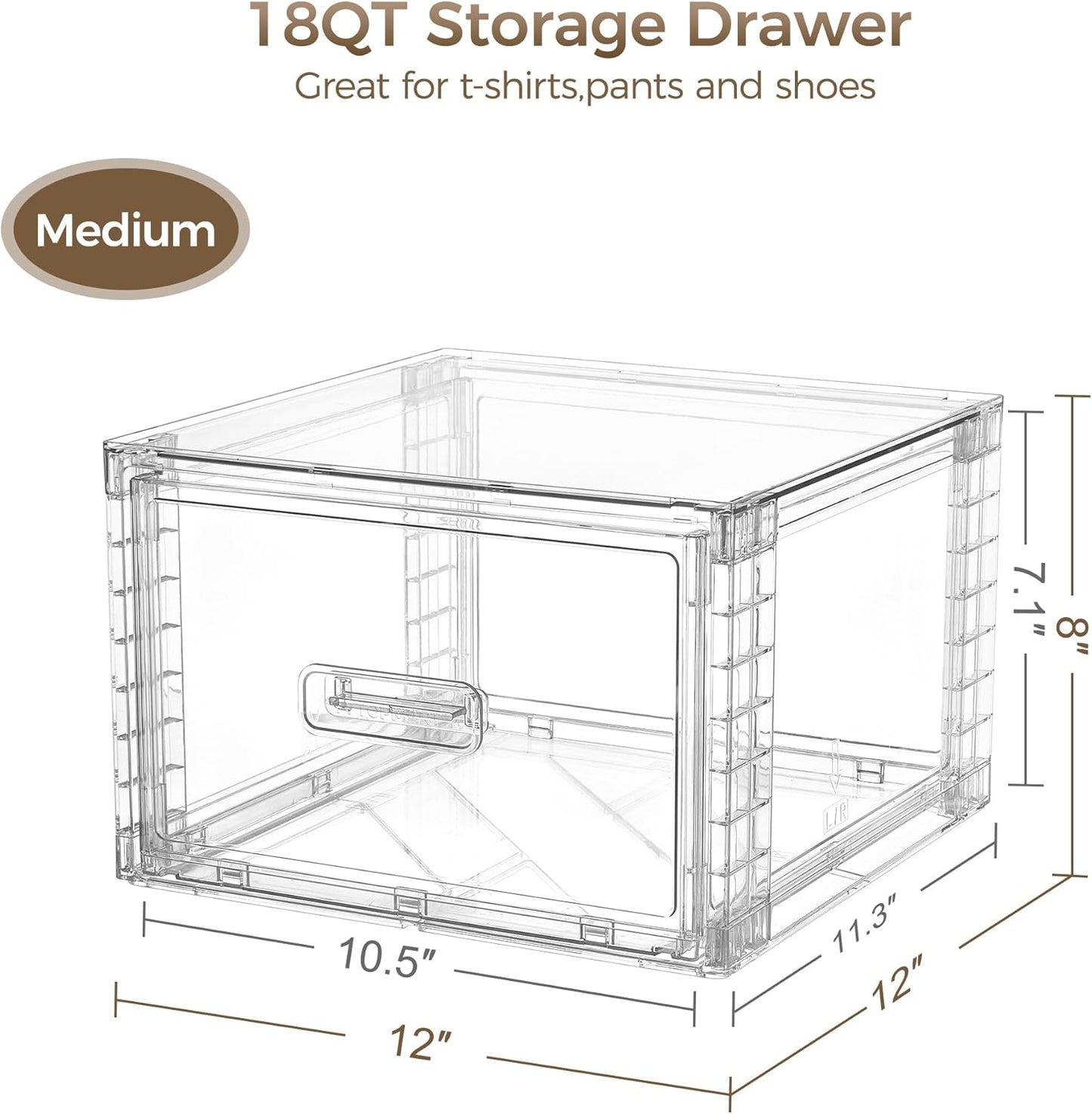 4 Pack 18QT Clear Stackable Storage Drawers,Easily Assemble Closet Organizers,Plastic Storage Bins for Bathroom,Cabinet,Kitchen Pantry,Under Sink Organization(Medium)