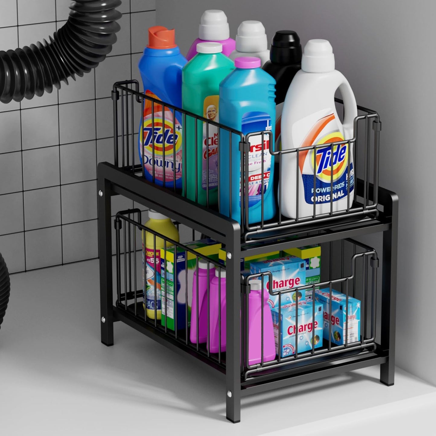 2 Tier Sliding Basket Drawer Organizer, Lxmons Pull Out Under Sink Cabinets Organizers
