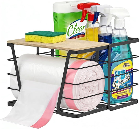 2 in 1 Trash Bag Dispenser Under Sink, Large Garbage Bag Roll Holder with Bamboo Lid