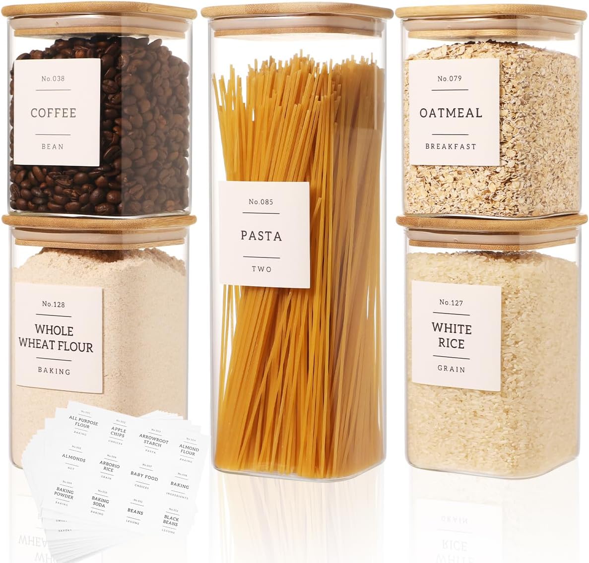 5 Pack Square Glass Pantry Storage Containers with 132 Kitchen Food Pantry Labels