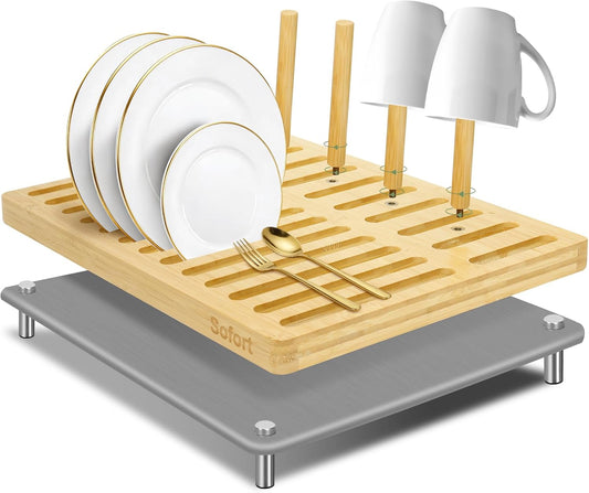 Stone Drying Mat for Kitchen Counter, Quick Dry Ultra Absorbent Dish Drying Mat with Bamboo Rack