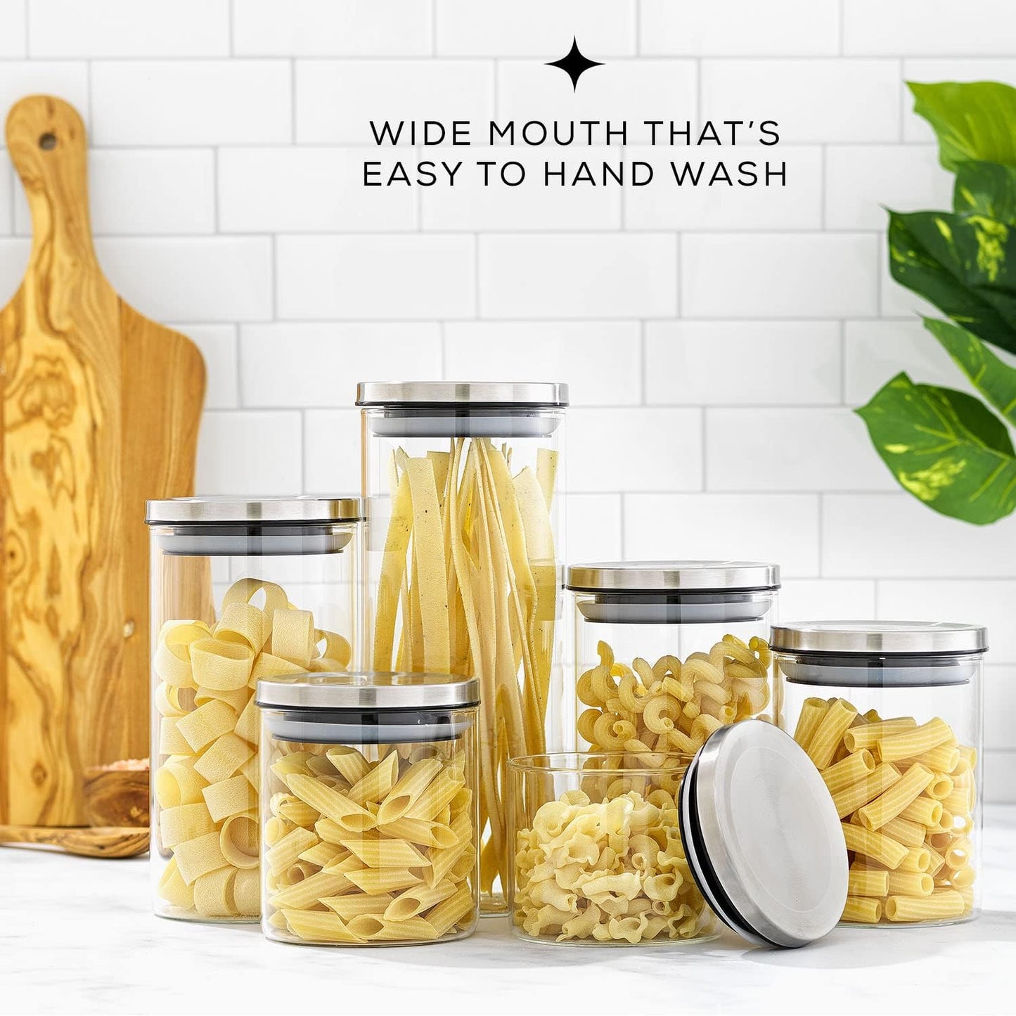 Kitchen Canister Set. 6 Glass Jars with Lids (Stainless Steel) Lids. Airtight Food Storage Containers for Pantry or Counter. Versatile Pantry Organization, Sugar Container or Cereal Canisters