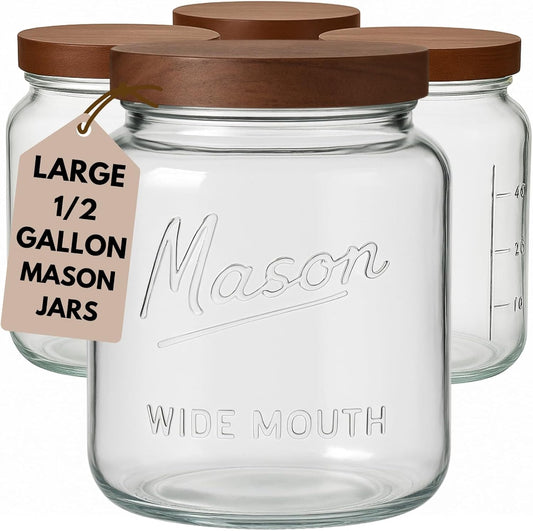 Half Gallon Glass Mason Jars with Airtight Push to Close Wooden Lids