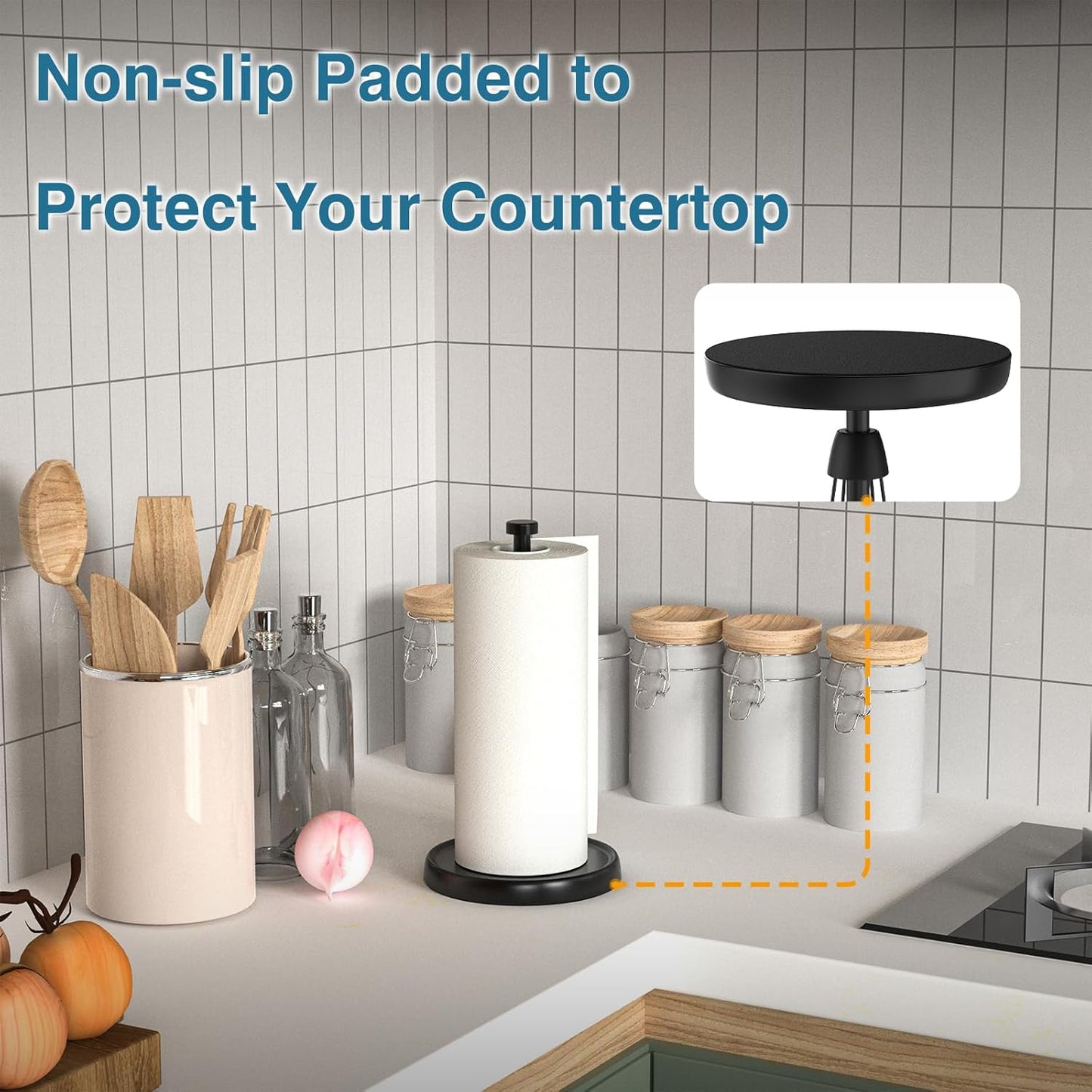 Paper Towel Holder Countertop, One-Handed Tear, Stainless Steel, Weighted Base, Black