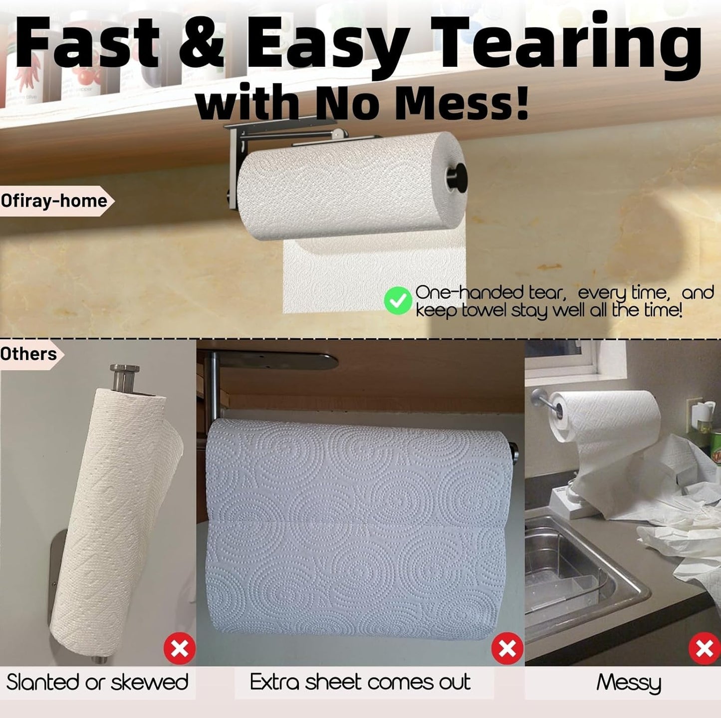 Upgraded Kitchen Paper Towel Holder - One-Hand Tear Under Cabinet Stick-on Towel Rack for Hanging Paper - First Apartment Essentials Wall Mount Self Adhesive Stainless Steel Rack Fits Black