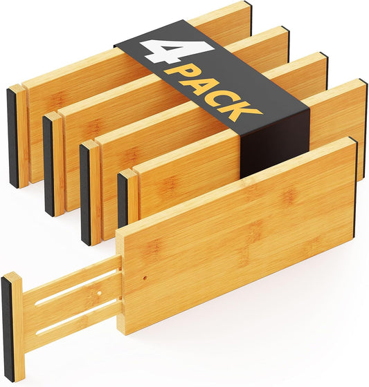 Bamboo 4 Pack Dresser Drawer Dividers, 4.65“ High Adjustable 12.5“-17” Drawer Organizers