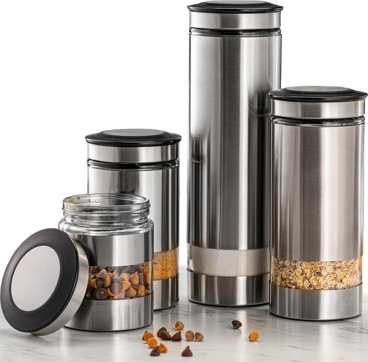 Airtight Glass Canister Set of 4 with Stainless Steel Sleeve for Kitchen Counter