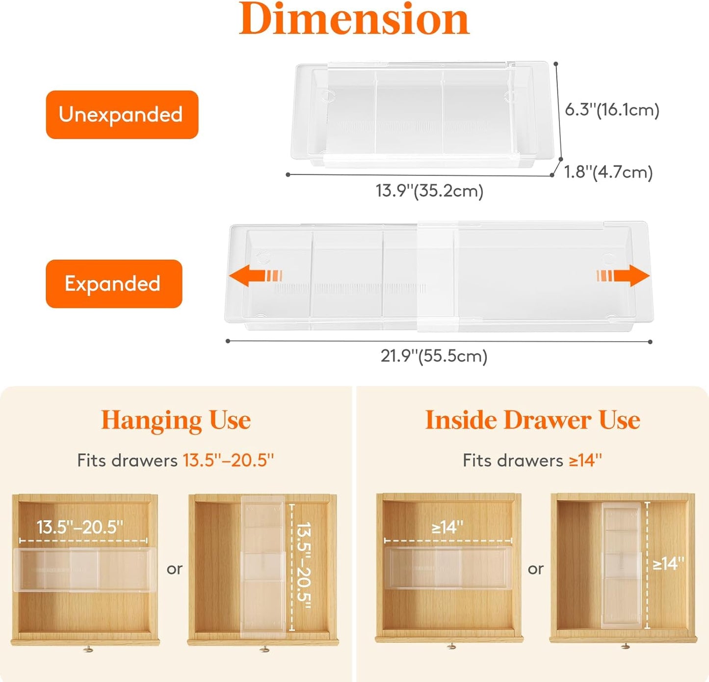 Sliding Makeup Drawer Organizer, Fits 13-20" Deep Drawers, Extendable Hanging Divider