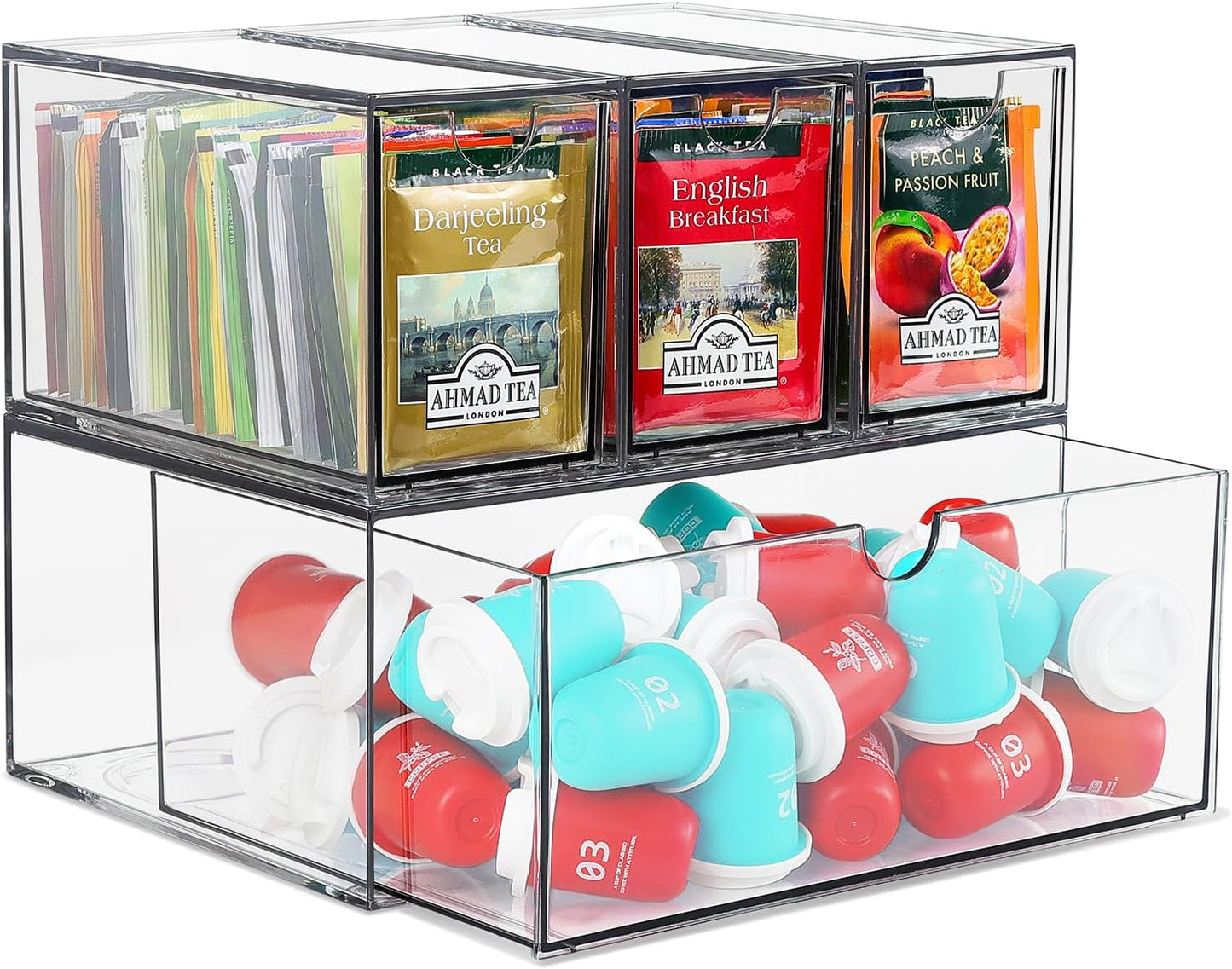 4 Tea and Coffee Organizer and Storage, Acrylic Tea Bag Holder Organizer