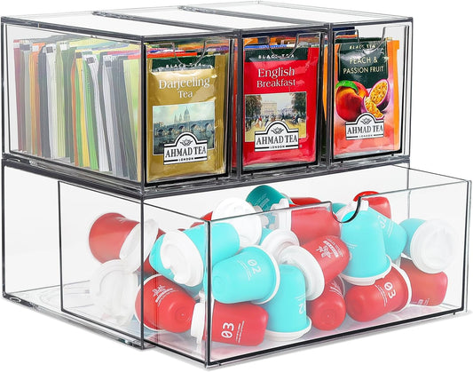 4 Tea and Coffee Organizer and Storage, Acrylic Tea Bag Holder Organizer