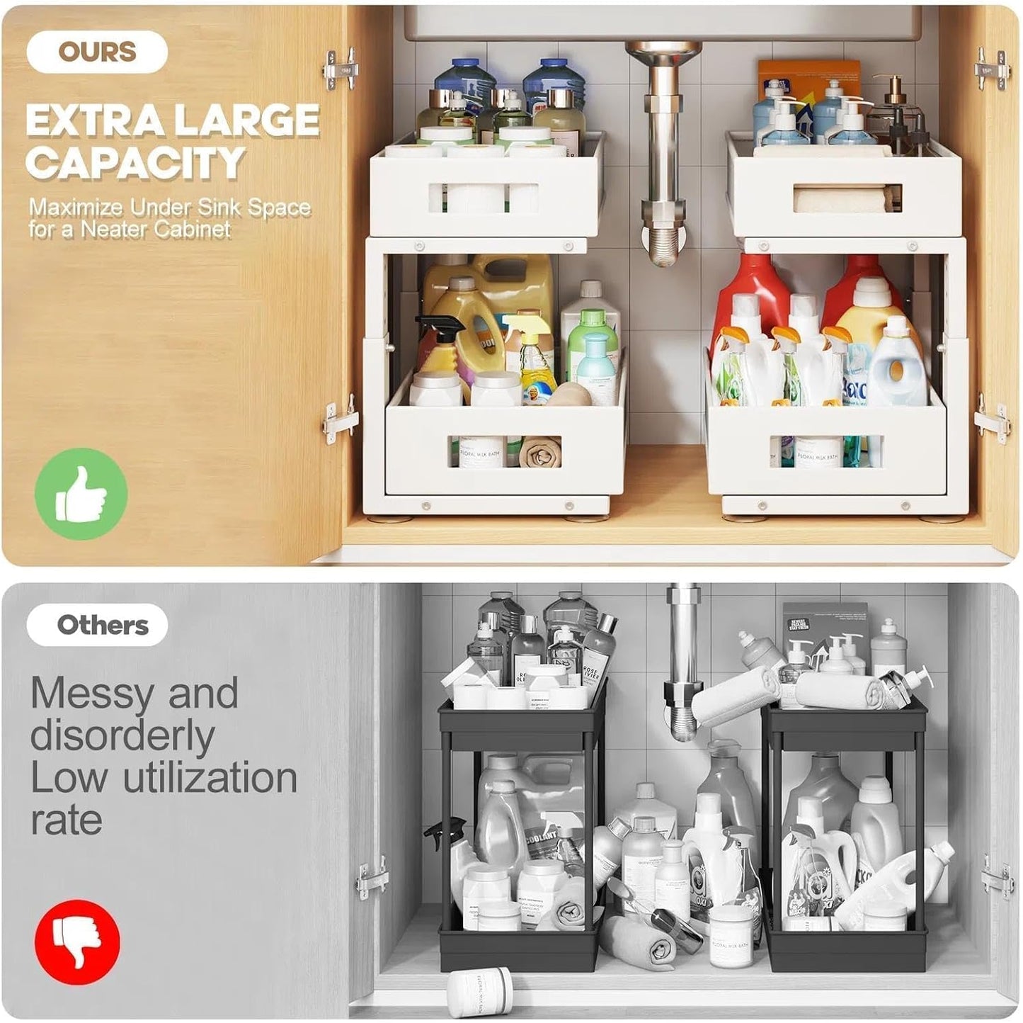 Under Sink Organizer, 2-Tier Dual Pull Out Cabinet Organizer Drawers With Smooth Circular Rail