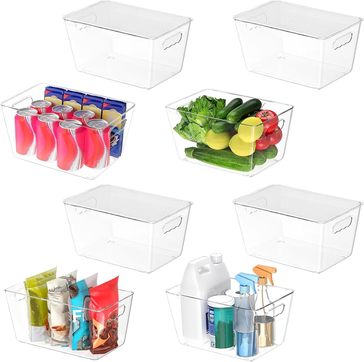 Clear Stackable Storage Bins with Lids, Plastic Containers with Handle for Pantry Organizers and Storage, Plastic Bins for Fridge, Kitchen, Bathroom, Cabinet (11x7.5x6, 8PK)
