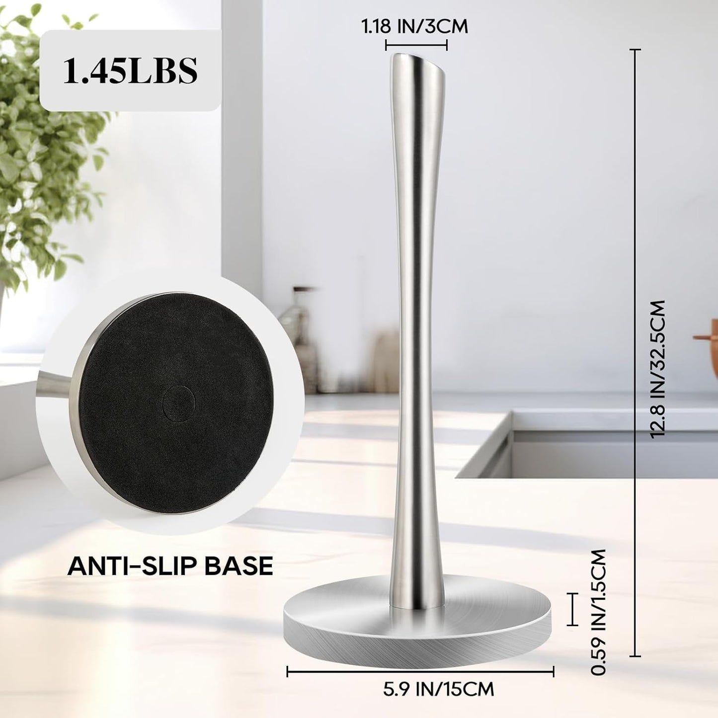 Paper Towel Holder Stand, Stainless Steel Kitchen Paper Towel Countertop Stand with Streamline Body, Bathroom Organization for Family Standard Large Size Roll Paper, Sliver