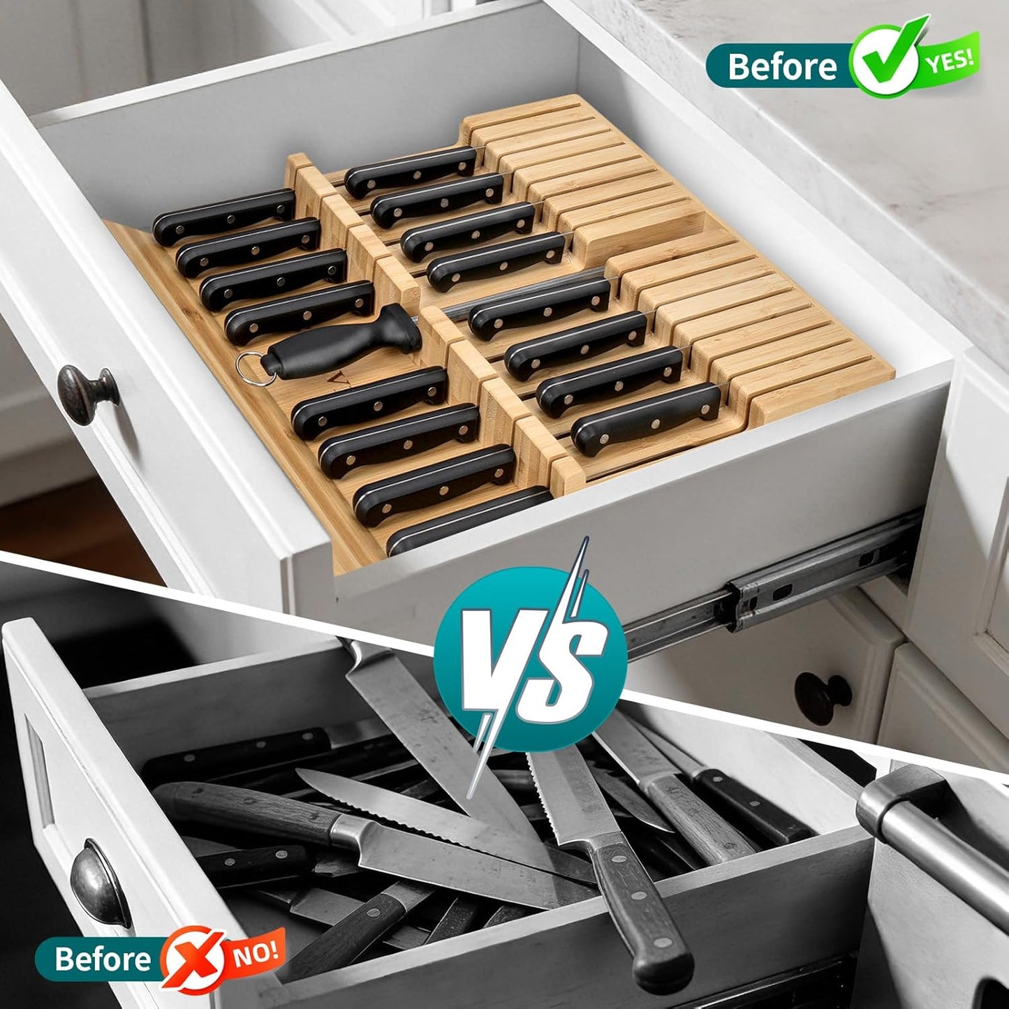 18PCS Bamboo In-Drawer Knife Block Organizer Set with Steak & Paring Knives