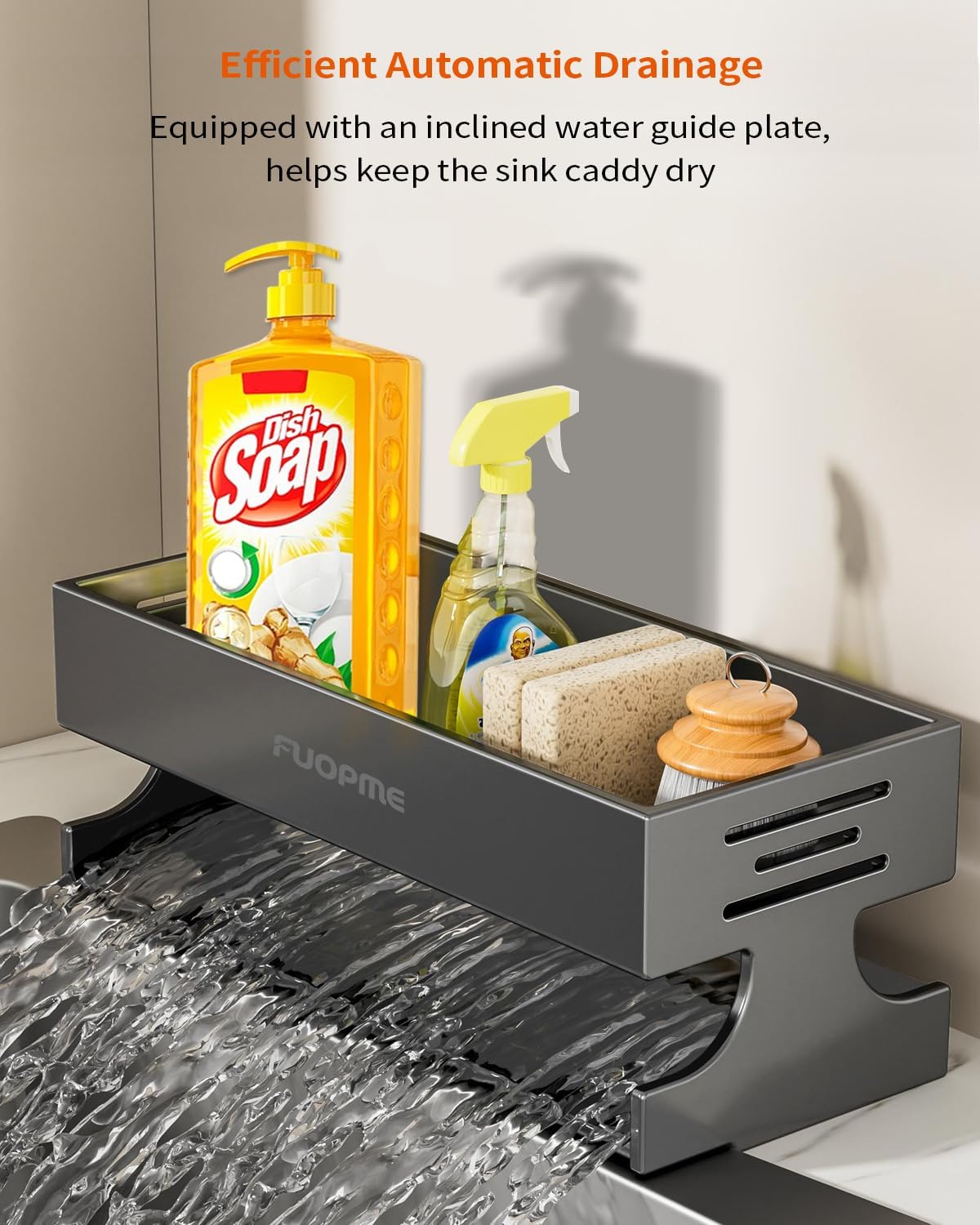 Sponge Holder for Kitchen Sink - Rustproof Carbon Steel Sink Caddy Organizer with Auto-Drain