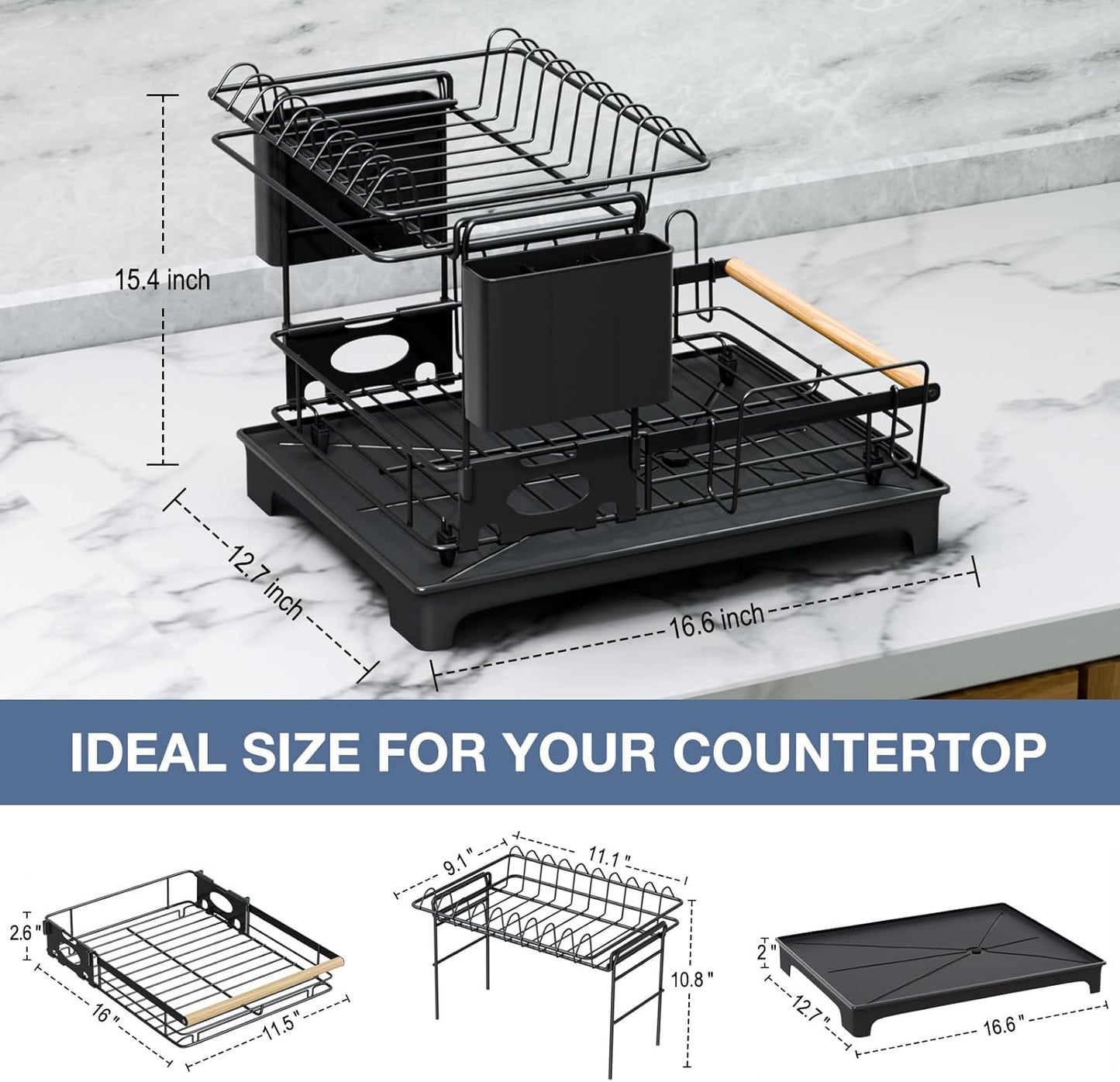 2-Tier Large Capacity Dish Drying Rack for Kitchen Counter: Anti-Rust Dish Strainer with Drainboard, Cup Holder, Utensil & Cutting Board Organizer, Heavy Duty Dish Rack
