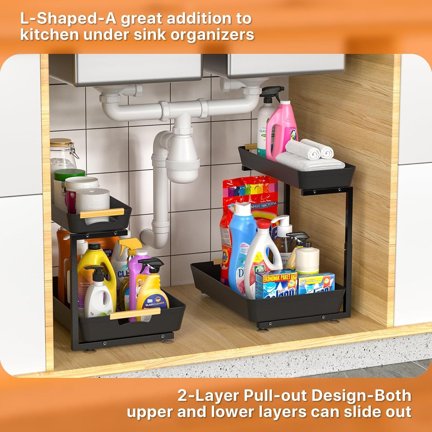 2 Pack Under Sink Organizer, 2 Tier Pull Out Under Sink Organziers and Storage