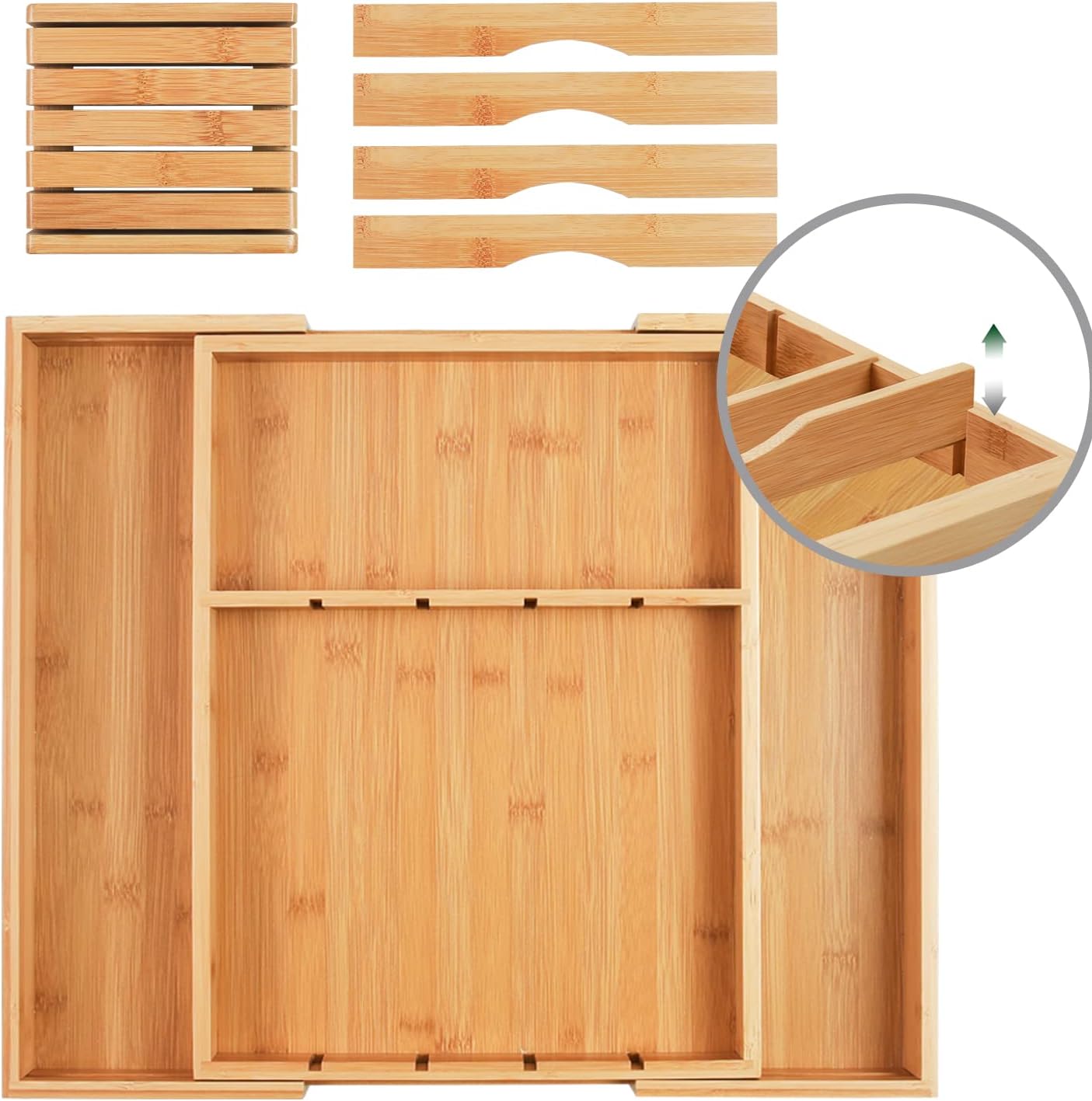 Wencrfat Silverware Drawer Organizer with Removable Knife Block and Dividers
