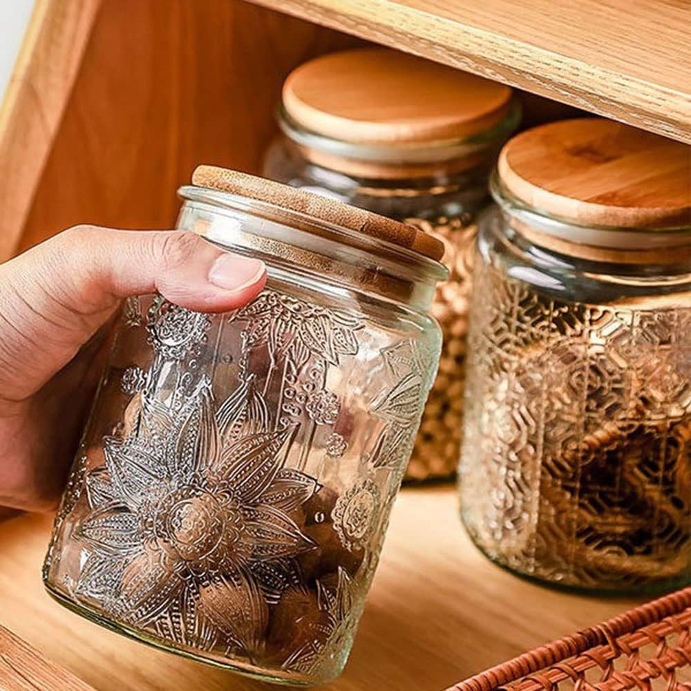 Vintage Glass Jars Set Canister Airtight Storage Jar Container with Bamboo Wooden Lids for Kitchen Counter, Pantry, Coffee, Tea, Sugar, Cute Jar, 2 Pack 23.7 FL OZ (Begonia & Sunflower)