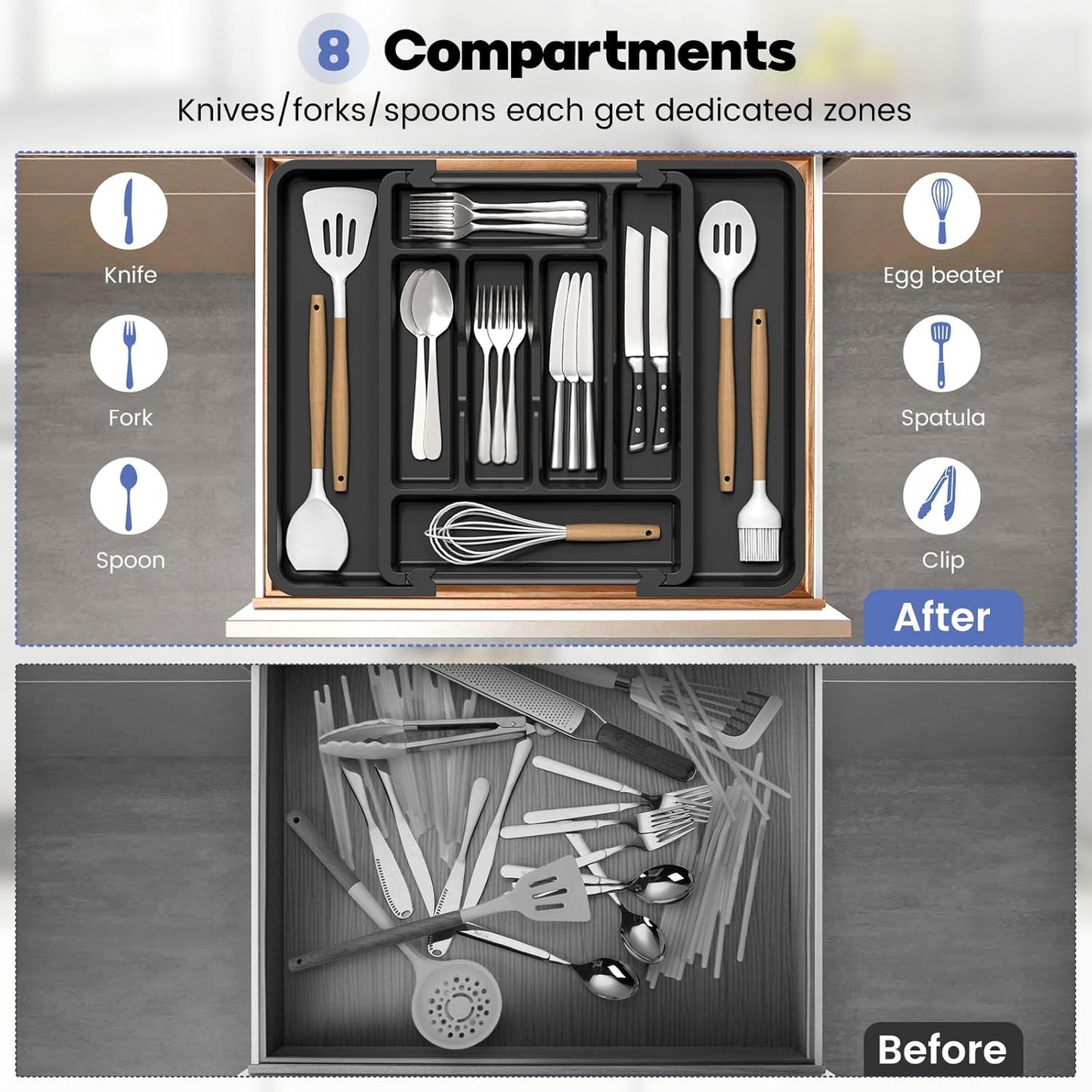 Large Silverware Organizer for Kitchen Drawer & Utensils - Expandable Drawer Organizer for Cutlery