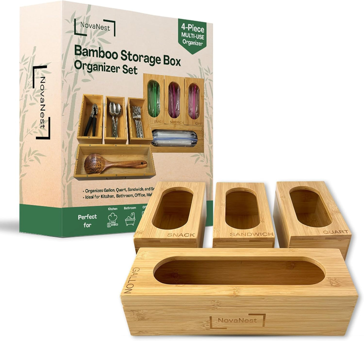4PCS Bamboo Storage Bag Organizer Set Multi-Use Baggie Organizers for Gallon, Quart, Sandwich