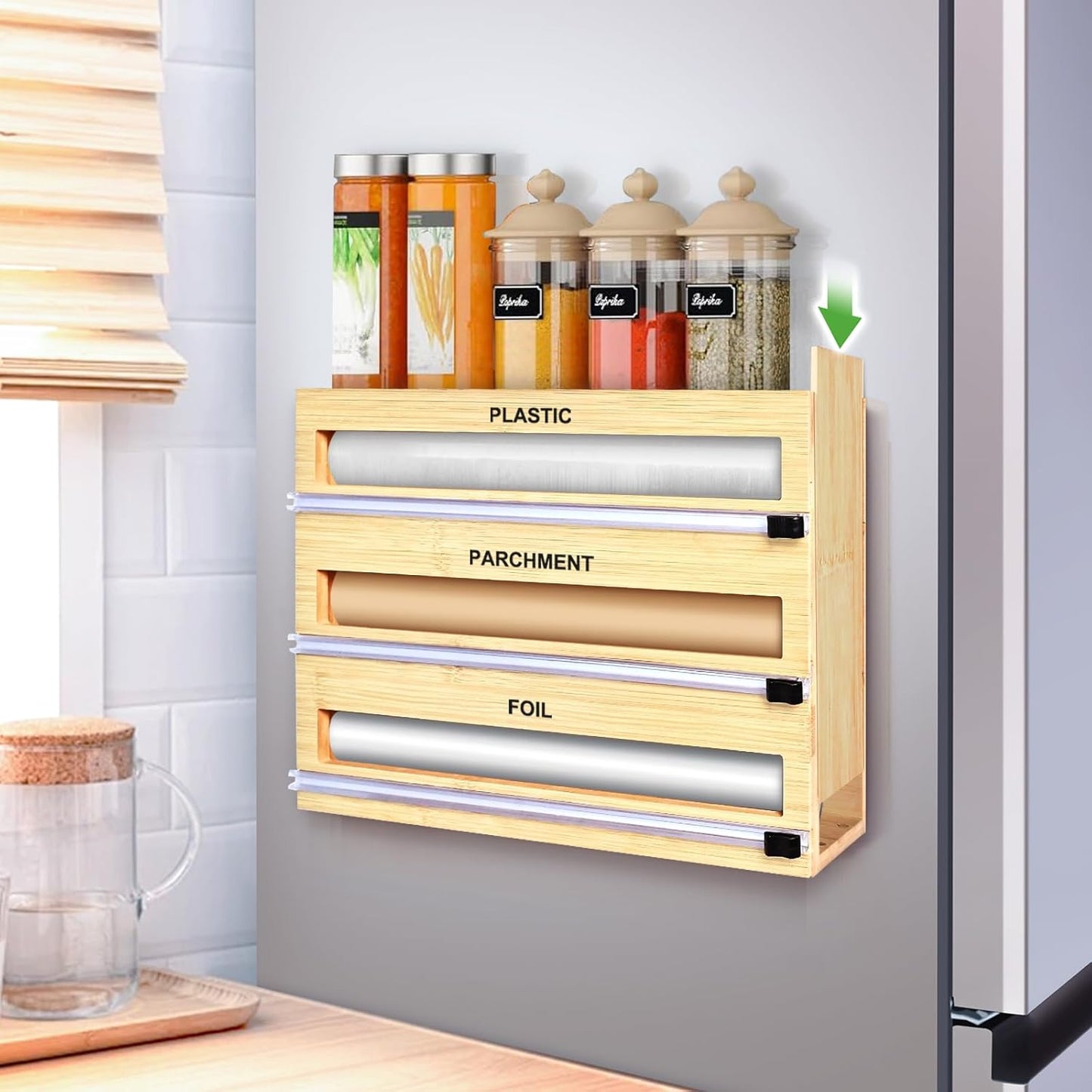 Magnetic Plastic Wrap Dispenser with Cutter, 3 in 1 Refrigerator Bamboo Organizer for Tin Foil
