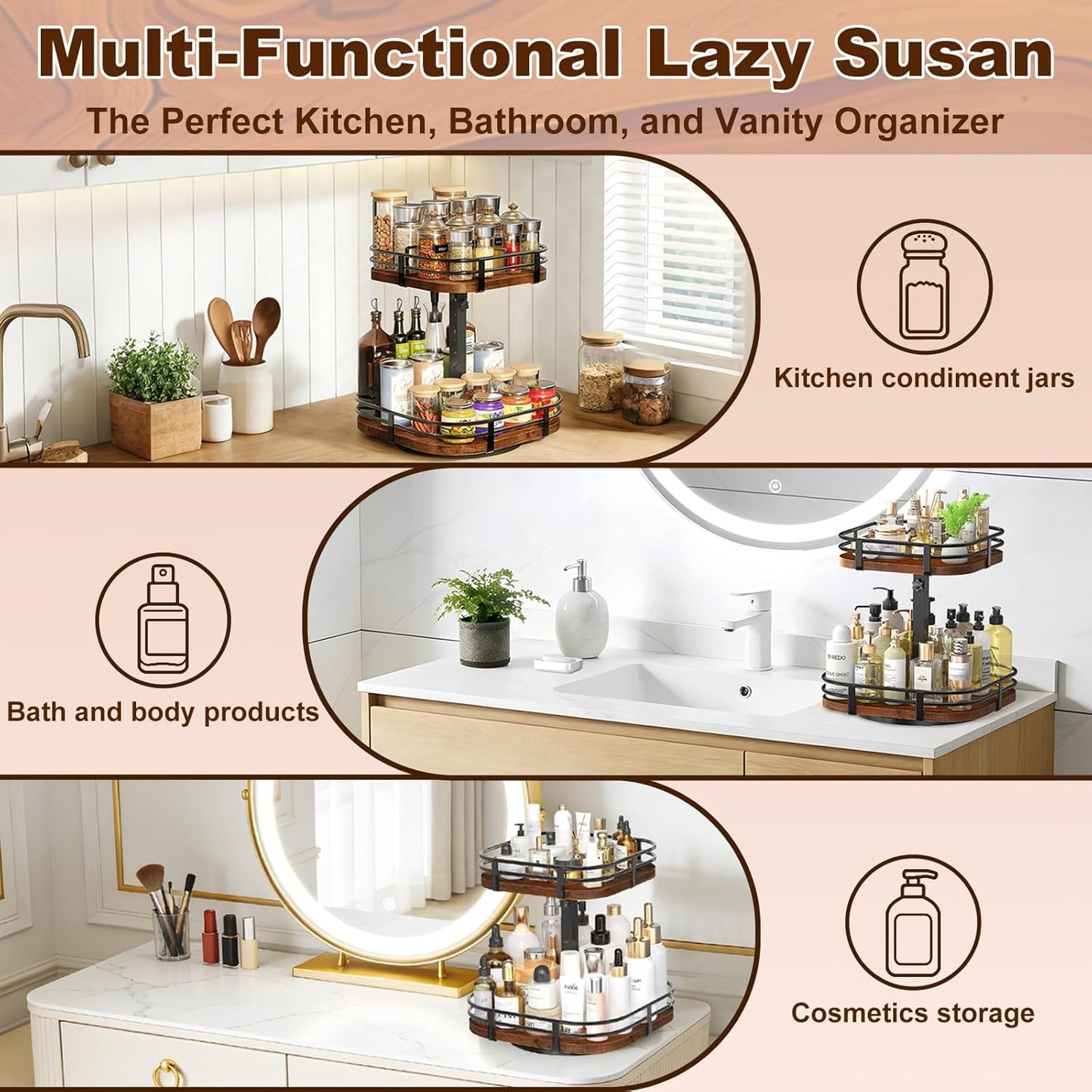 12" Large Lazy Susan Turntable Organizer Adjustable - Rotating Spice Rack for Table Top