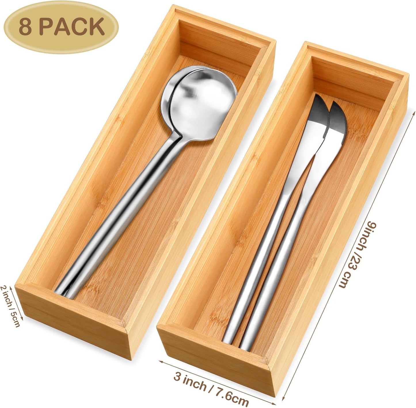 8 Pieces Bamboo Drawer Organizer Kitchen Utensils Wooden Utensil Stackable Wooden Storage Box Bamboo Silverware Tray for Drawer(9 x 3 x 2 Inch,Wood)