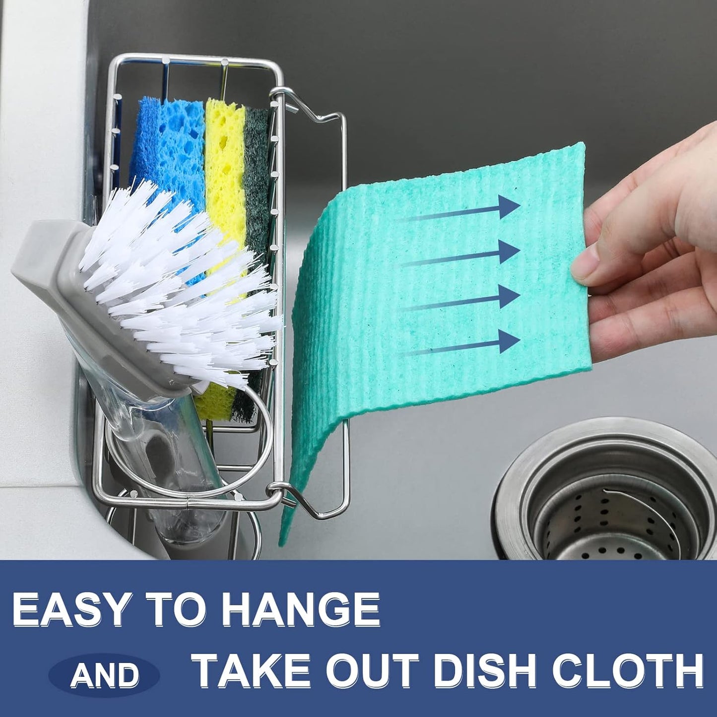 3-In-1 Sponge Holder for Kitchen Sink with Suction Cups & Adhesive Hook , In-sink Sponge Holder