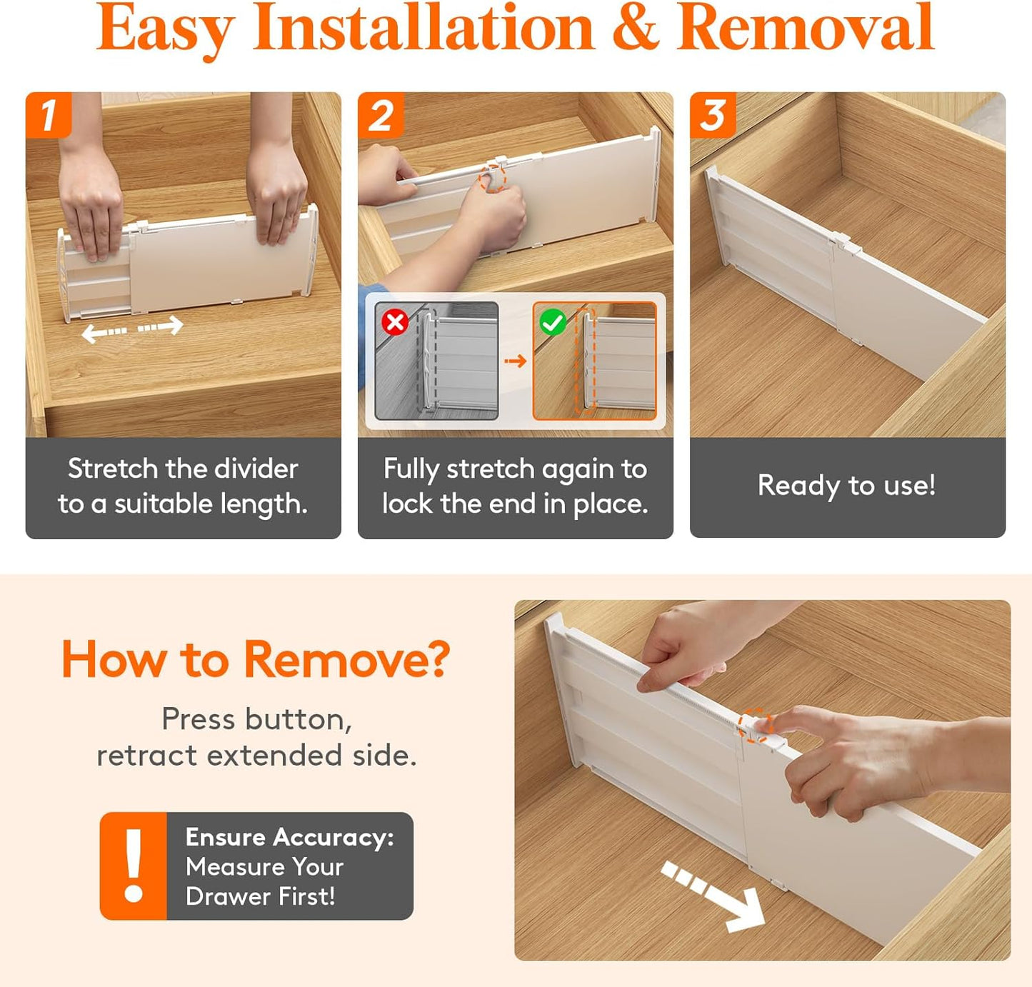8" Tall 4 Pack Drawer Dividers, 35-56.5cm/13.8-22.2" Expandable Drawer Divider for Clothes