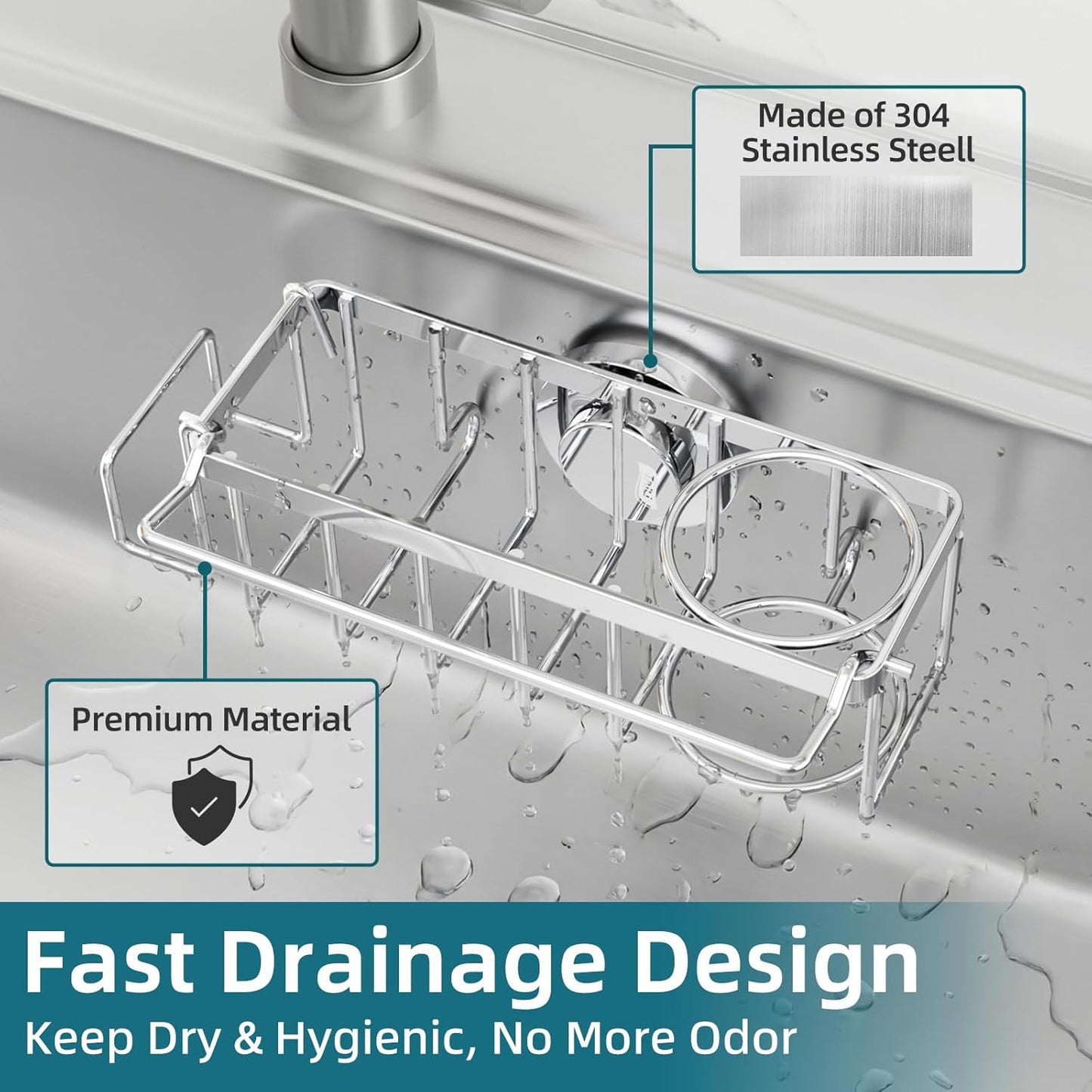 4-in-1 Sink Caddy with Strong Suction Cup, Sponge Holder for Kitchen Sink Organizer, Removable