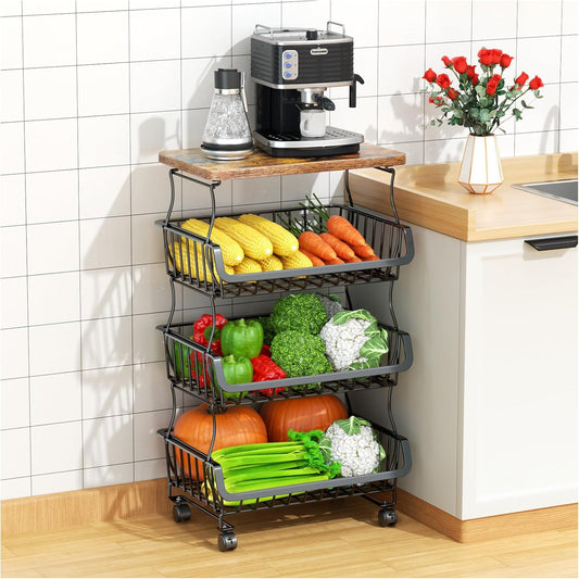 Fruit Vegetable Basket for Kitchen, 4 Tier Stackable Fruit Vegetable Storage Baskets with Wheels